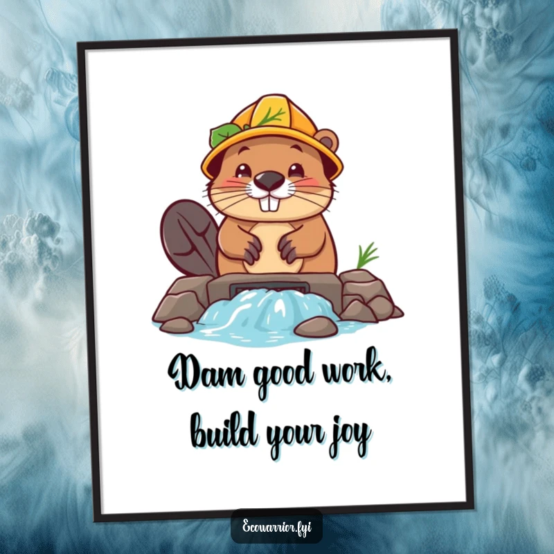 Funny Free Printable Wall Art: A determined beaver in a leaf hard hat builds a dam, creating a humorous scene.