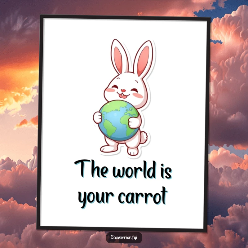 Funny Free Printable Rabbit Wall Art: a joyful rabbit holds a globe, pointing towards a lush green continent.