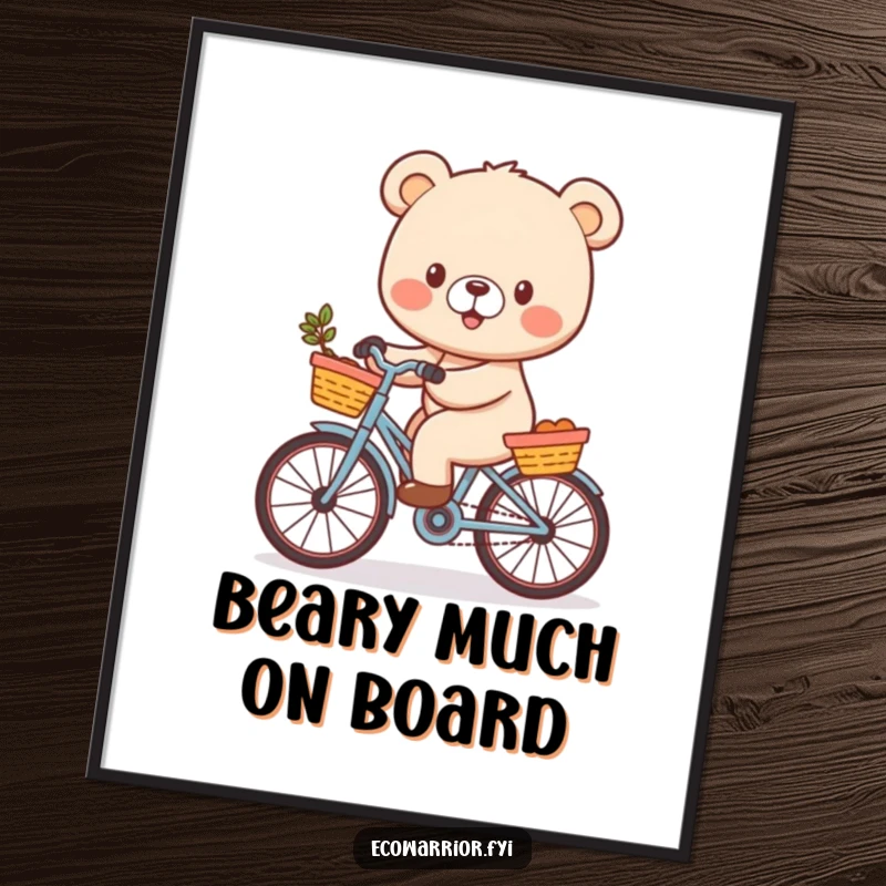 Funny Free Printable Wall Art: A cheerful bear cub rides a bicycle with a full basket, exuding happiness.