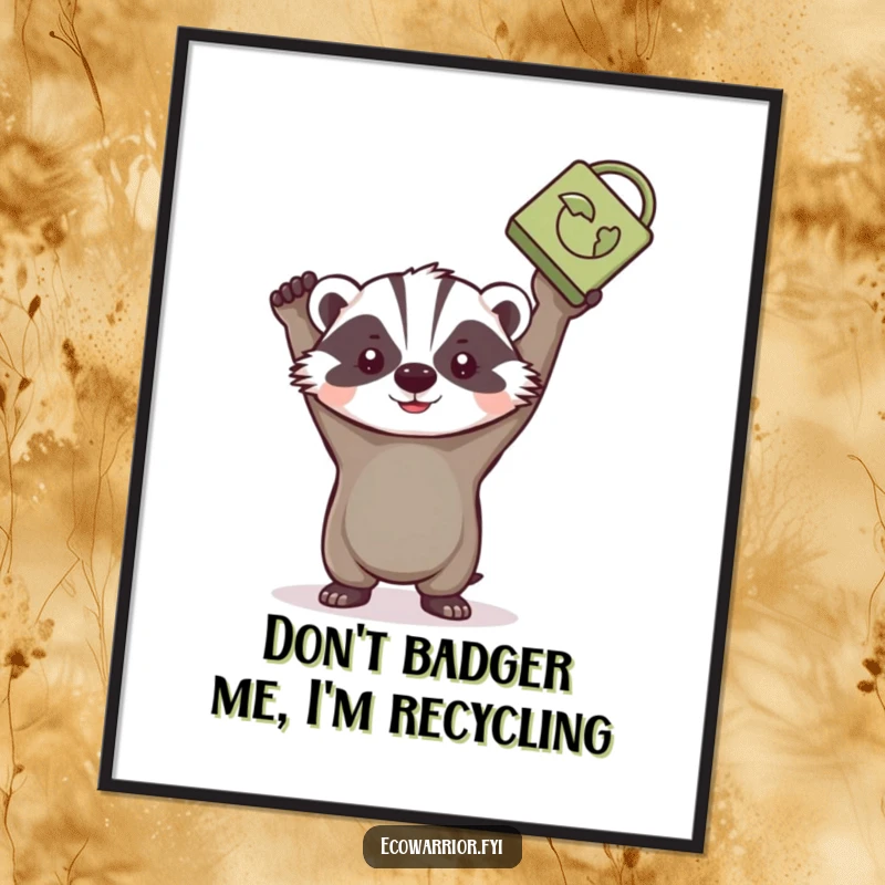 Funny Free Printable Wall Art: A determined badger triumphantly holding a recycled item aloft, promoting environmentalism.