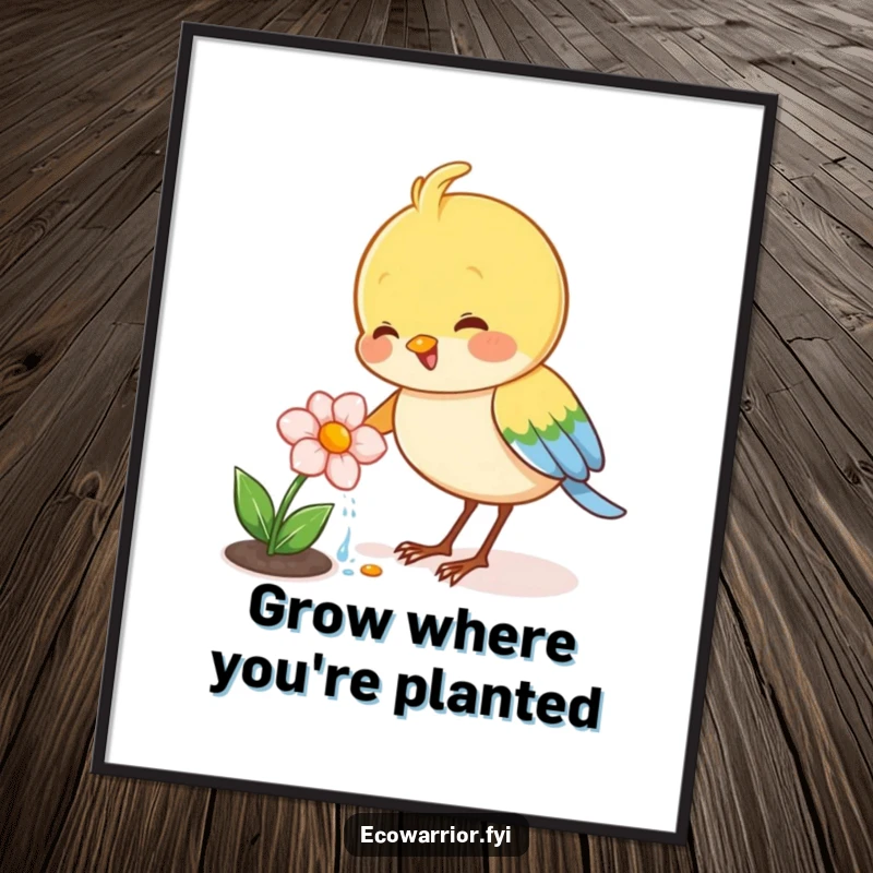 Funny Free Printable Wall Art: Joyful bird watering a tiny blooming flower, bringing growth and humor to your space. A downloadable art piece.