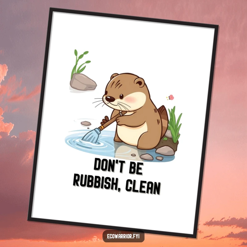 Funny Free Printable Wall Art: Diligent otter gleefully cleaning a riverbank, bringing sparkle and humor to your decor. A downloadable art piece.