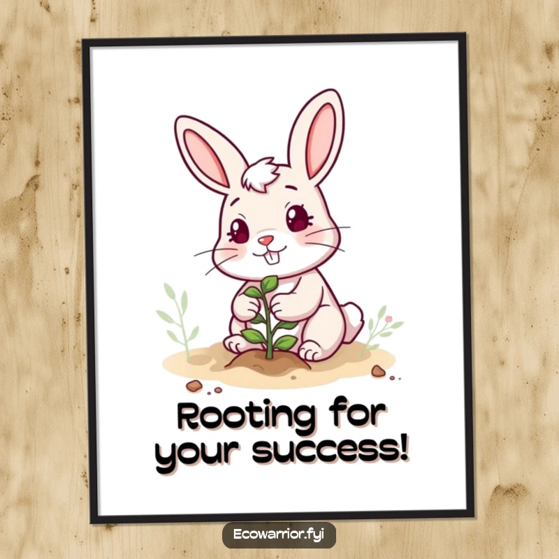 Funny Free Printable Wall Art: Determined rabbit happily planting a small sapling, bringing nature and humor to your home. A downloadable art piece.