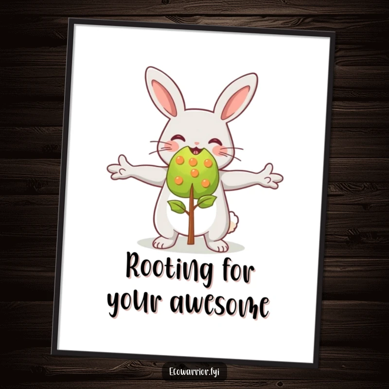 Funny Free Printable Wall Art: Happy rabbit enthusiastically embraces a small, vibrant sapling, symbolizing growth and happiness.