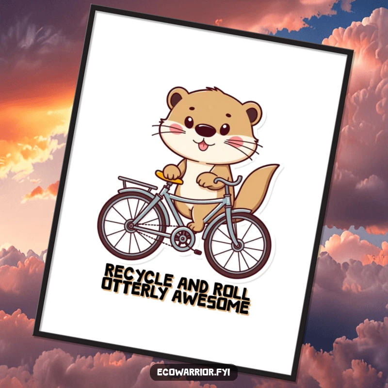 Funny Free Printable Wall Art of a playful otter joyfully riding a bicycle constructed from recycled materials, bringing whimsical vibes.