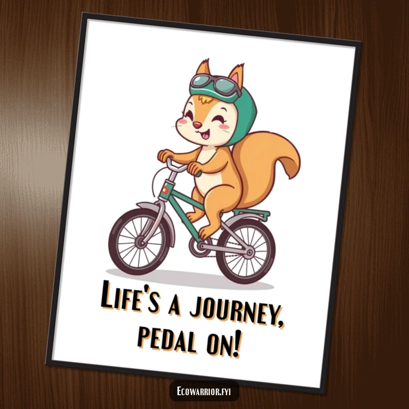 Funny Free Printable Wall Art: A playful squirrel smiling while riding a bicycle constructed from recycled materials.