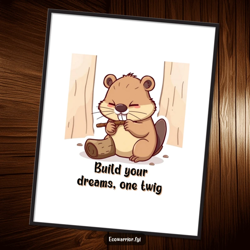 Funny Free Printable Wall Art: Determined beaver diligently gnawing on a twig, symbolizing focus and achievement.