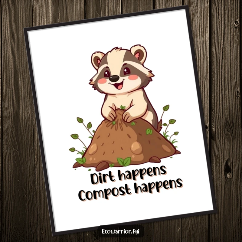 Funny Free Printable Wall Art: Energetic Badger enthusiastically building a compost pile with a big grin, a humorous piece.