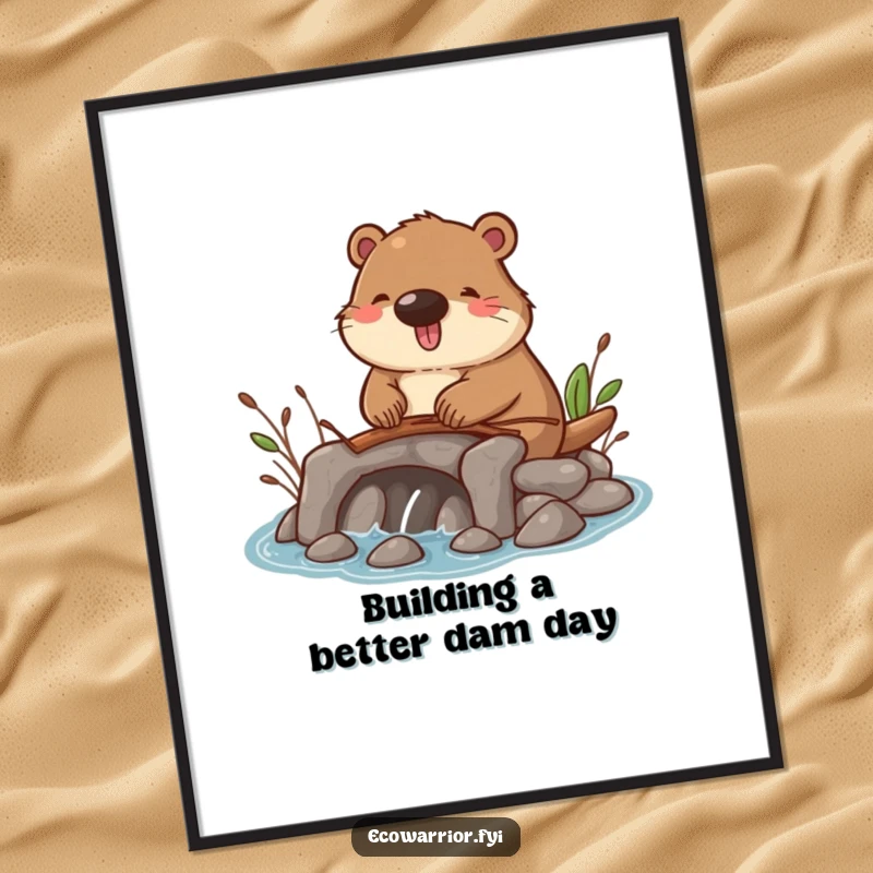 Funny Free Printable Beaver Wall Art: A happy beaver constructing a twig dam, adding quirky charm to any room, DIY downloadable gift.