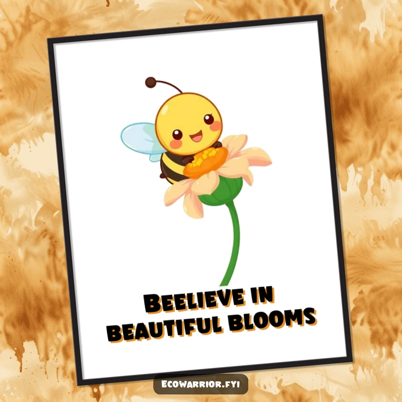 Funny free printable wall art of a happy bee pollinating a vibrant wildflower, a cheerful and buzzing downloadable home decor.