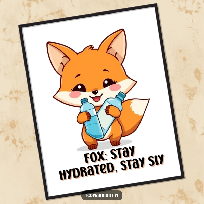Funny free printable wall art of a smiling fox holding a reusable water bottle, a cheerful and downloadable decor piece.