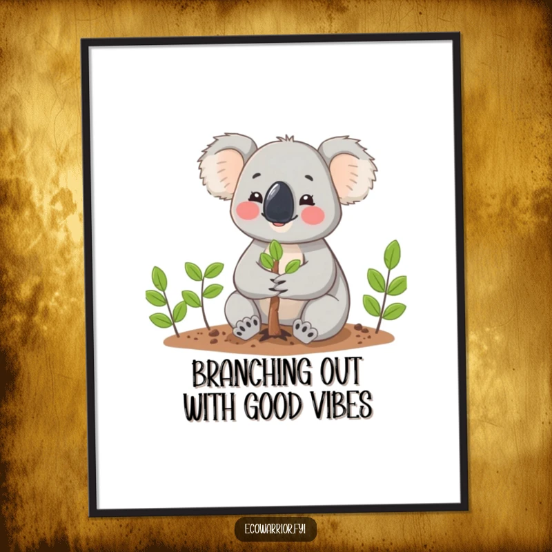 Funny Free Printable Wall Art: Cute koala with gentle paws planting a tiny, hopeful tree, embodying growth and peace.