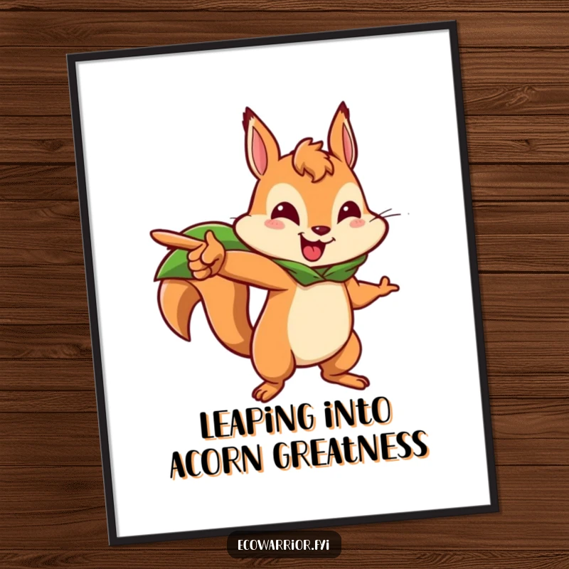 Funny Free Printable Wall Art: A brave squirrel dressed in a leaf cape points forward energetically, embodying adventure.