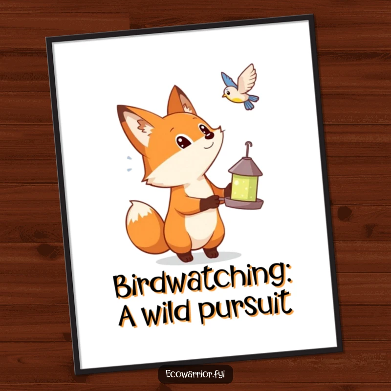 Funny Free Printable Wall Art: Curious fox with bird feeder, looking up in awe at a bird. Quirky decor.