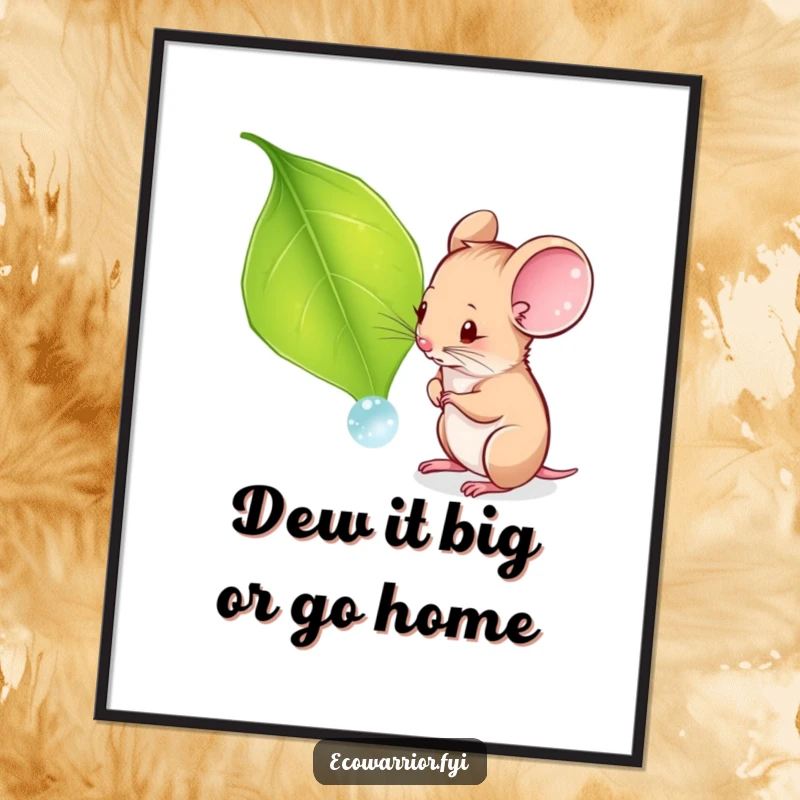 Funny Free Printable Wall Art: A curious mouse closely examines a single dewdrop on a green leaf, full of wonder.