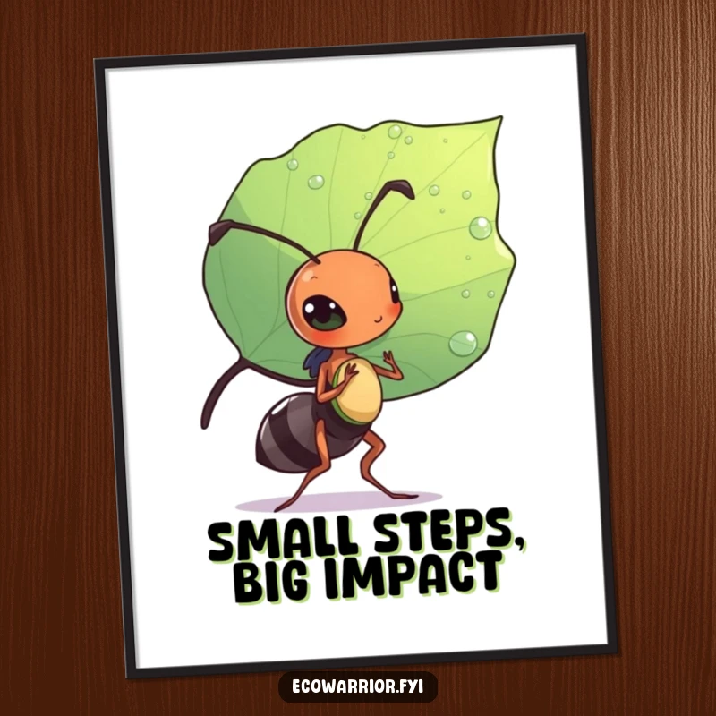 Funny Free Printable Wall Art: Diligent ant carrying a large, dewdrop-stained leaf like a shield, symbolizing perseverance and strength.