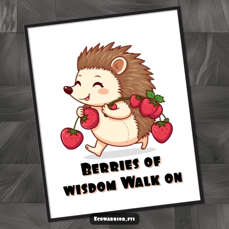 Funny Free Printable Wall Art: A happy hedgehog purposefully carries berries on its back, adding cheerful humor.