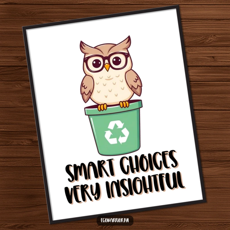 Funny Free Printable Wall Art: A smiling owl with spectacles sits wisely on a recycling bin, bringing smart humor.