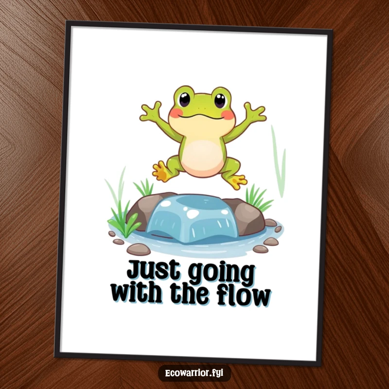 Funny Free Printable Wall Art: A cartoon frog leaping joyfully over a clear, small stream, bringing playful energy.