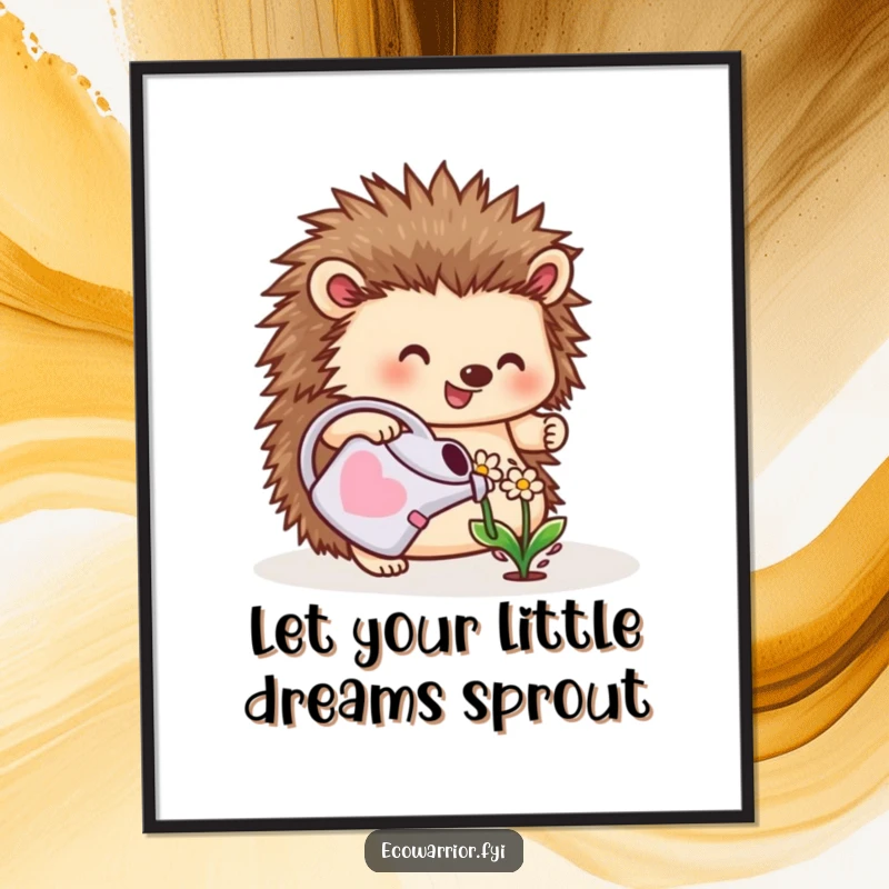 Funny Free Printable Hedgehog Wall Art: A cheerful hedgehog tending to a small flower, bringing garden charm, DIY downloadable gift.