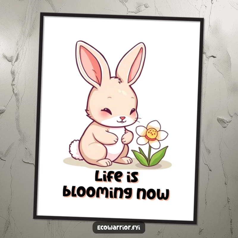 Cute Free Printable Wall Art depicting a curious rabbit inspecting a blooming flower, a whimsical piece for any room.
