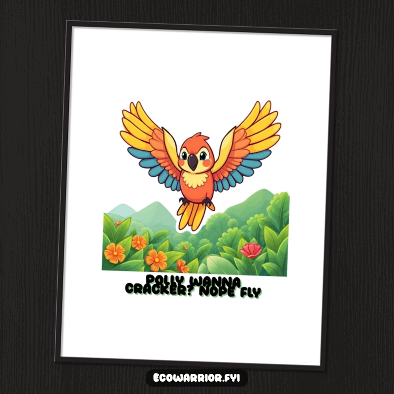 Funny Free Printable Wall Art: A vibrant parrot character with wings spread wide soars dynamically above a lush, green landscape.