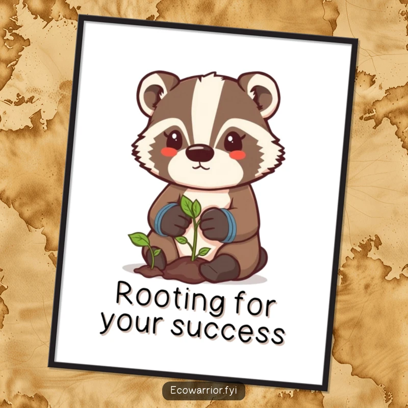 Funny Free Printable Wall Art: A determined badger wearing gardening gloves carefully tends to a small sprout, inspiring growth.