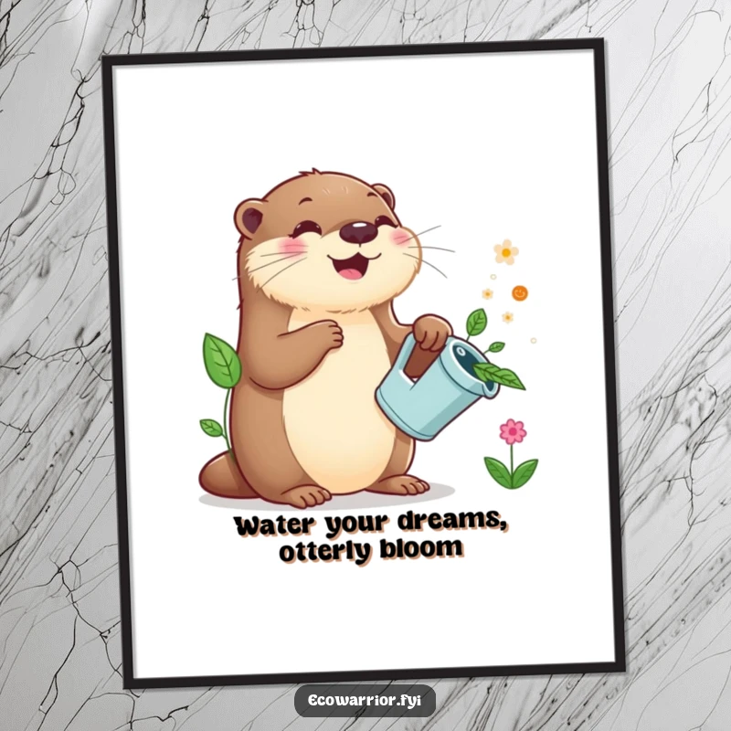 Funny Free Printable Wall Art: A joyful otter waters plants with a leaf watering can, creating a cute and humorous scene.