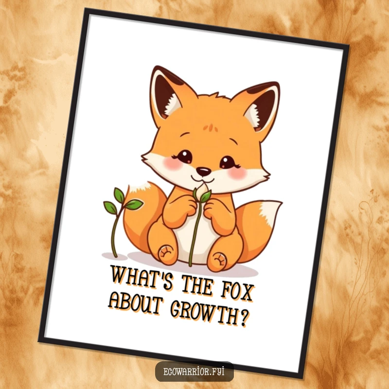 Funny Free Printable Wall Art: A curious fox standing with hands behind its back, intently observing a sprouting seed.