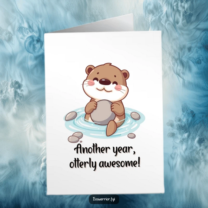 Funny Free Printable Birthday Card: Playful otter swimming happily in clear stream holding a smooth stone, wishing a great birthday.