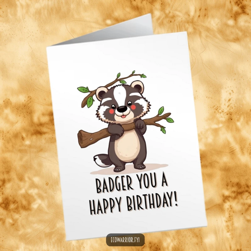 Funny free printable birthday card featuring a strong badger lifting a fallen branch, a powerful and downloadable greeting.