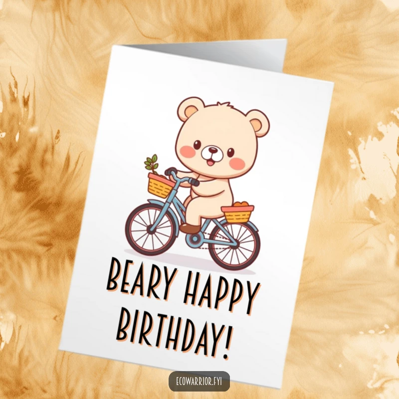 Funny Free Printable Birthday Card: A cheerful bear cub happily rides a bicycle, basket overflowing with flowers.