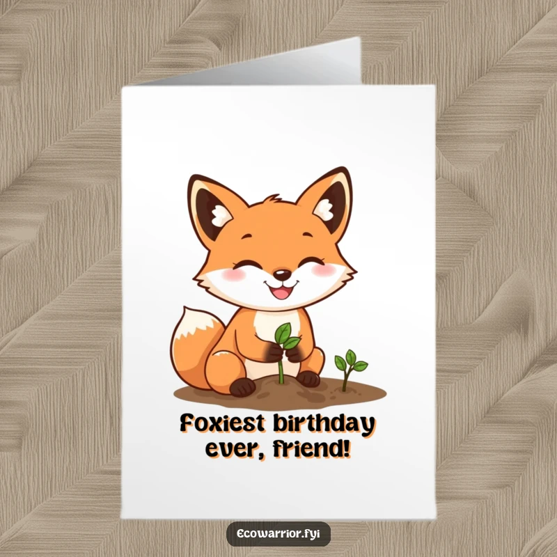 Funny Free Printable Birthday Card: A happy fox with a determined grin plants a tiny seed, wishing a happy birthday.