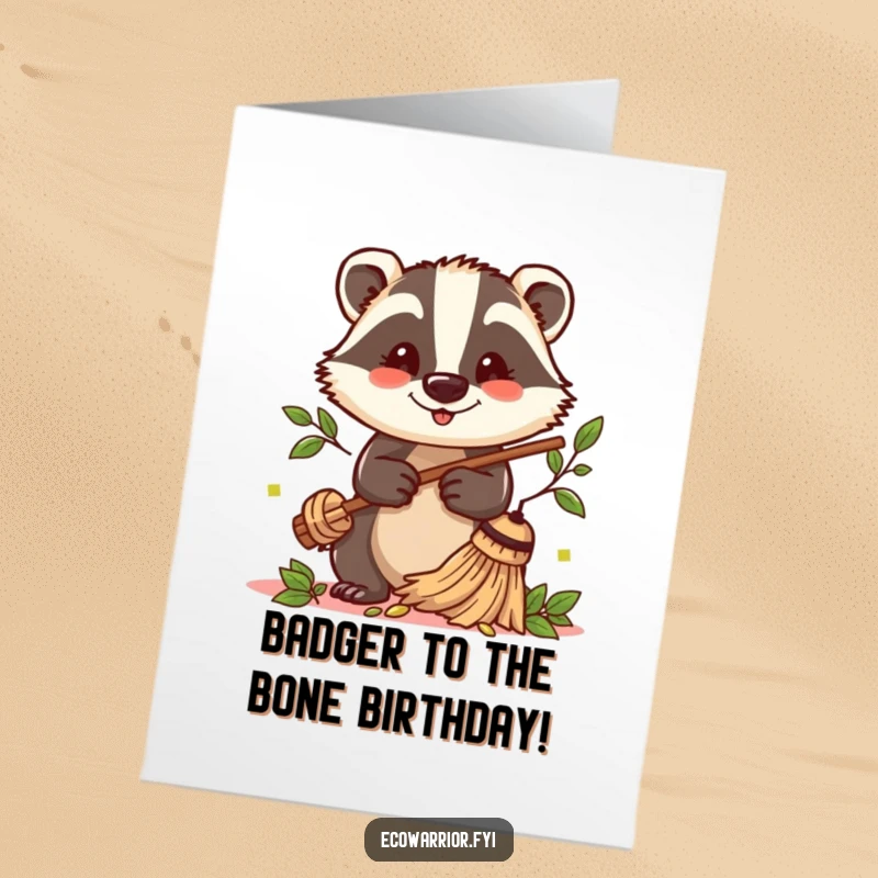Funny Free Printable Birthday Card: A cheerful badger uses a twig broom to sweep leaves, wishing happy birthday.