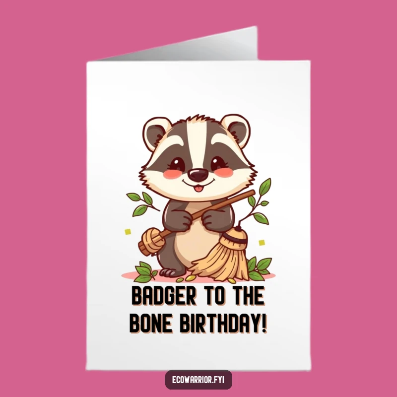 Free Printable Birthday Card: Badger Sweeping Leaves Funny Downloadable Gift
