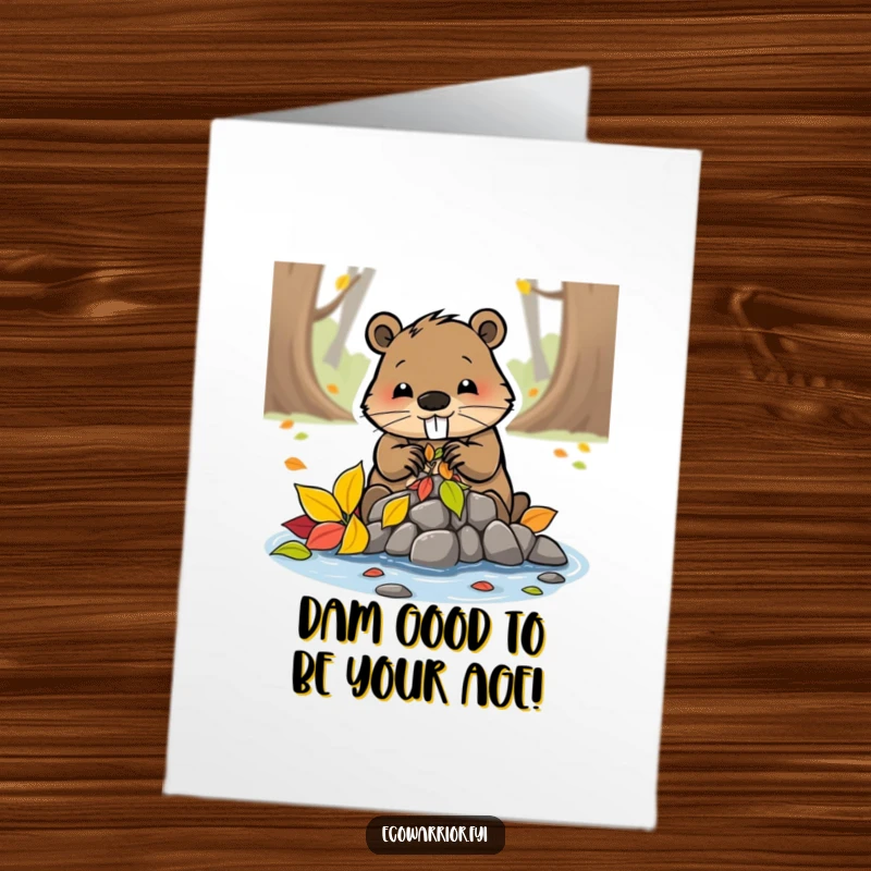 Funny Free Printable Birthday Card: Determined beaver diligently builds a small dam using colorful leaves, celebrating a special day.