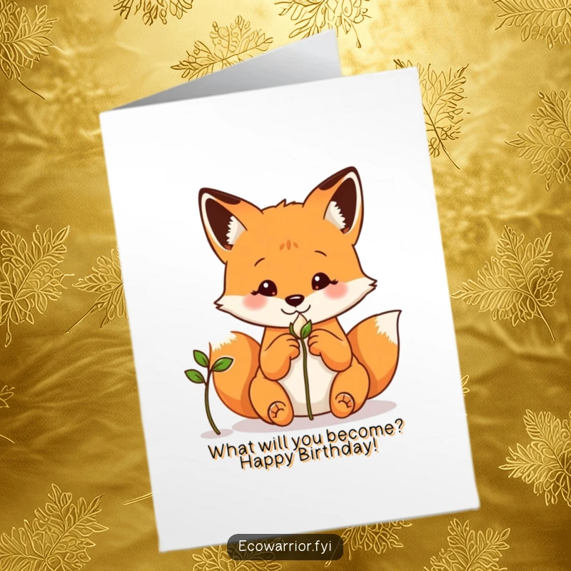 Funny Free Printable Birthday Card: A curious fox with hands behind its back observing a sprouting seed with intrigue.