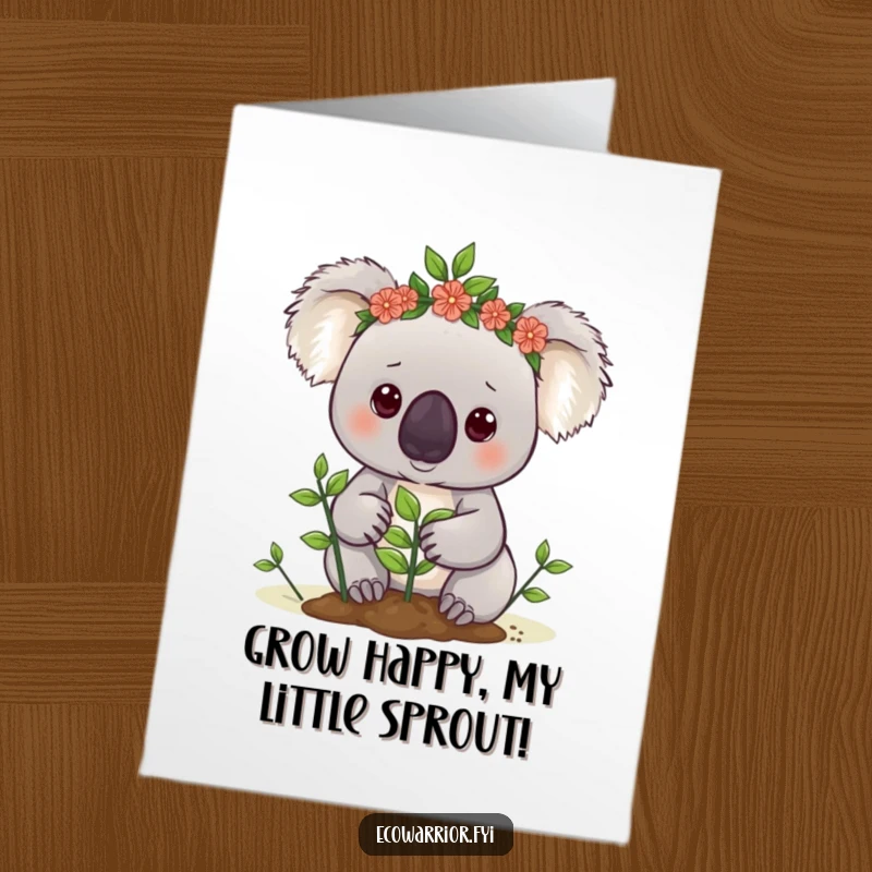 Funny Free Printable Birthday Card: A koala in a leaf crown determinedly planting a sapling, eco-friendly birthday.