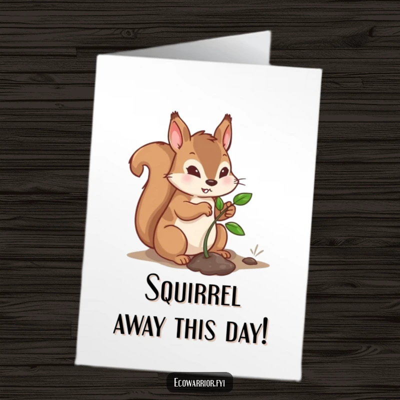 Funny Free Printable Birthday Card: A determined squirrel carefully plants a tiny sapling, symbolizing new beginnings.