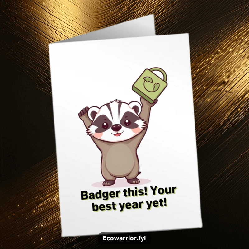Funny Free Printable Birthday Card: A determined badger triumphantly holding a recycled item, celebrating sustainability.