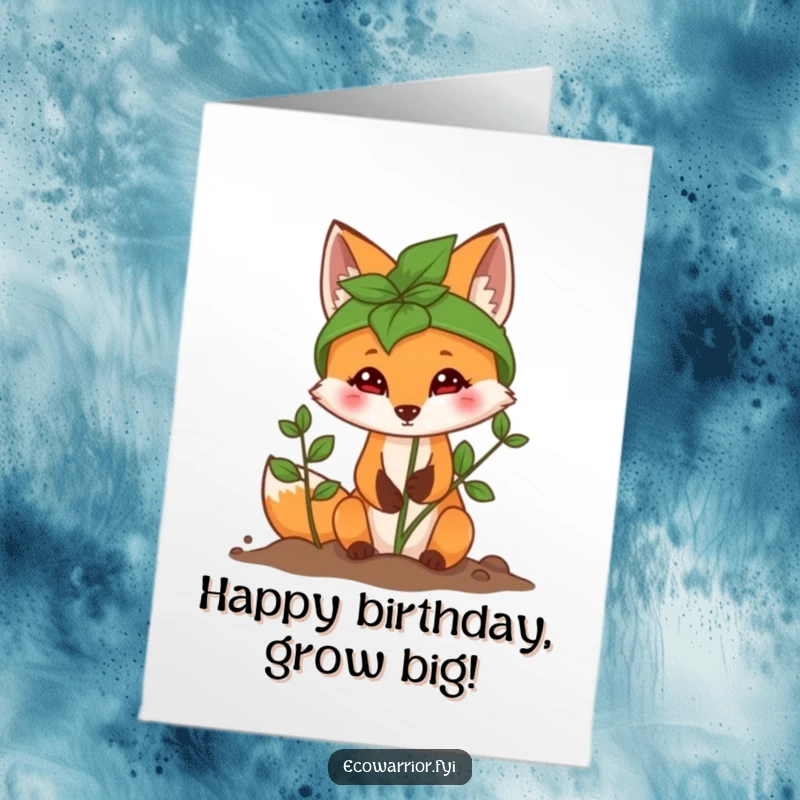 Funny Free Printable Birthday Card: Determined fox in a leaf helmet planting a sapling, wishing a happy birthday.