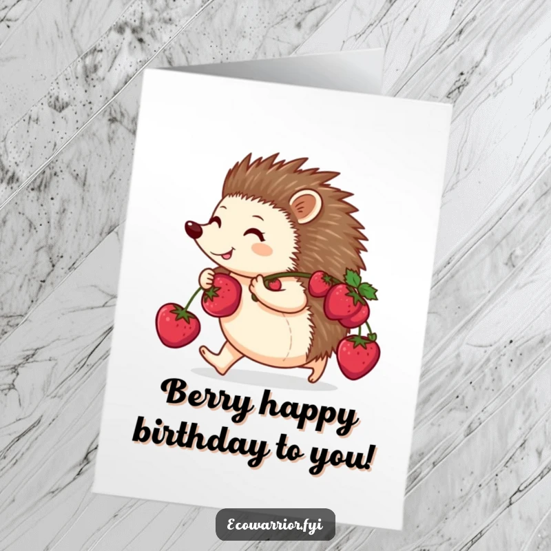 Funny Free Printable Birthday Card: A happy hedgehog purposefully carries berries on its back, bringing birthday cheer.