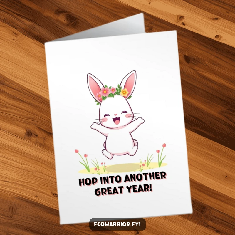 Funny Free Printable Birthday Card: A playful rabbit in a flower crown jumping joyfully in a field, celebrating life.