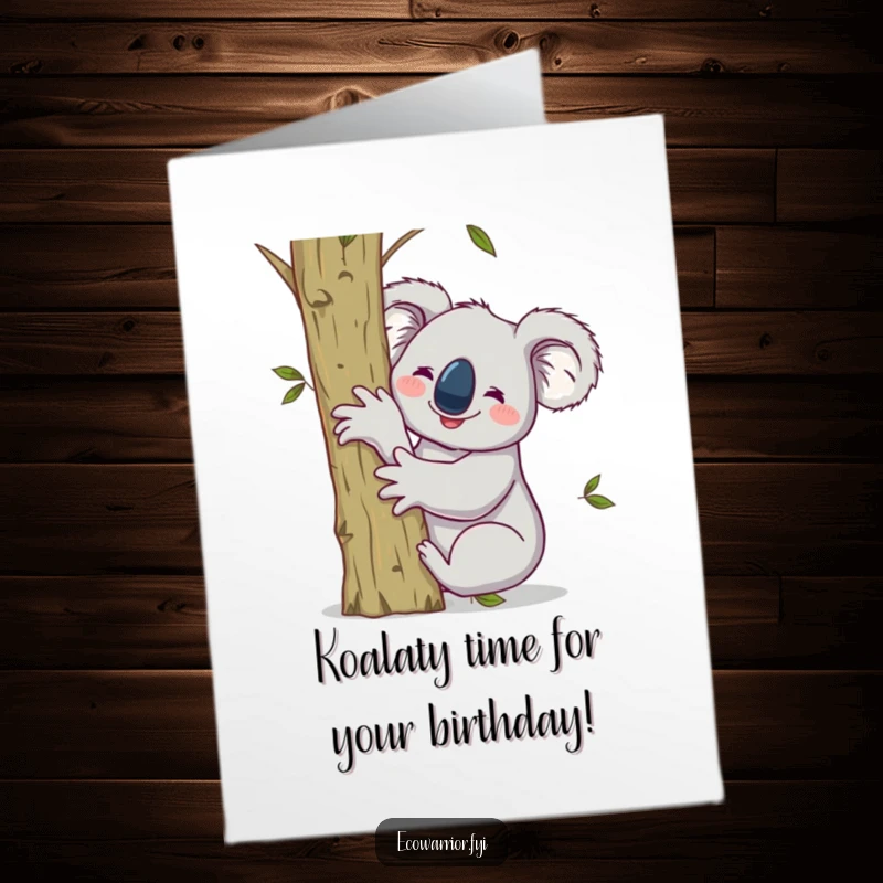 Funny Free Printable Birthday Card: Smiling koala hugging a sapling raises one arm victoriously, celebrating growth.
