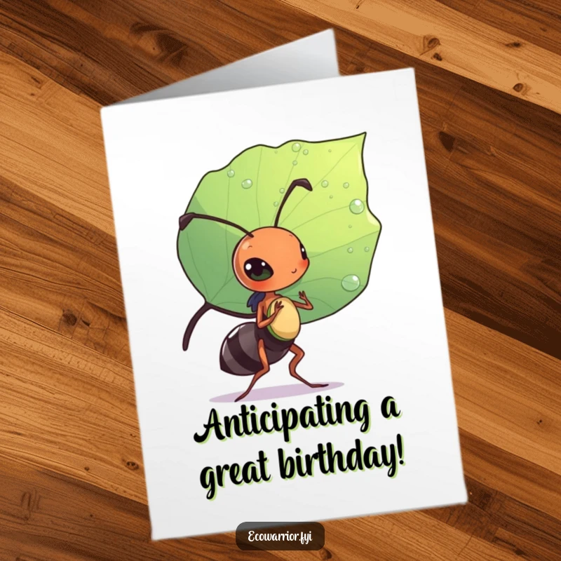 Funny Free Printable Birthday Card: Diligent ant carrying a dewdrop-stained leaf like a shield, ready to deliver birthday cheer.