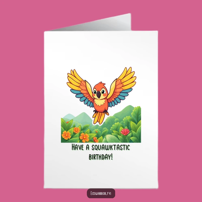 Free Printable Birthday Card: Soaring Parrot, Funny Tropical Downloadable Greeting for Joyful Wishes