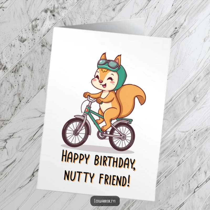 Funny Free Printable Birthday Card: A playful squirrel riding a bicycle made of recycled materials with a smile.