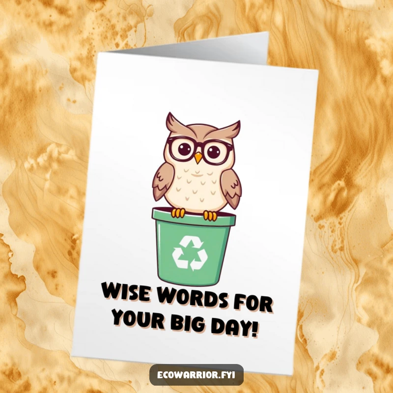 Funny Free Printable Birthday Card: A smiling owl wearing spectacles perches wisely on a recycling bin, offering birthday cheer.