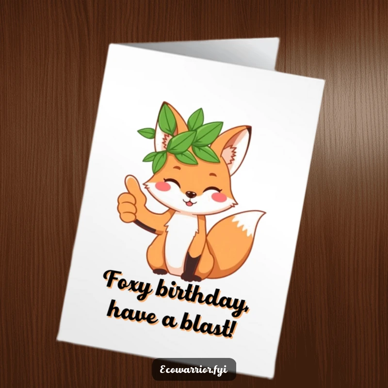 Funny Free Printable Birthday Card: A playful fox in a leaf crown giving a cool thumbs up, ready to party.