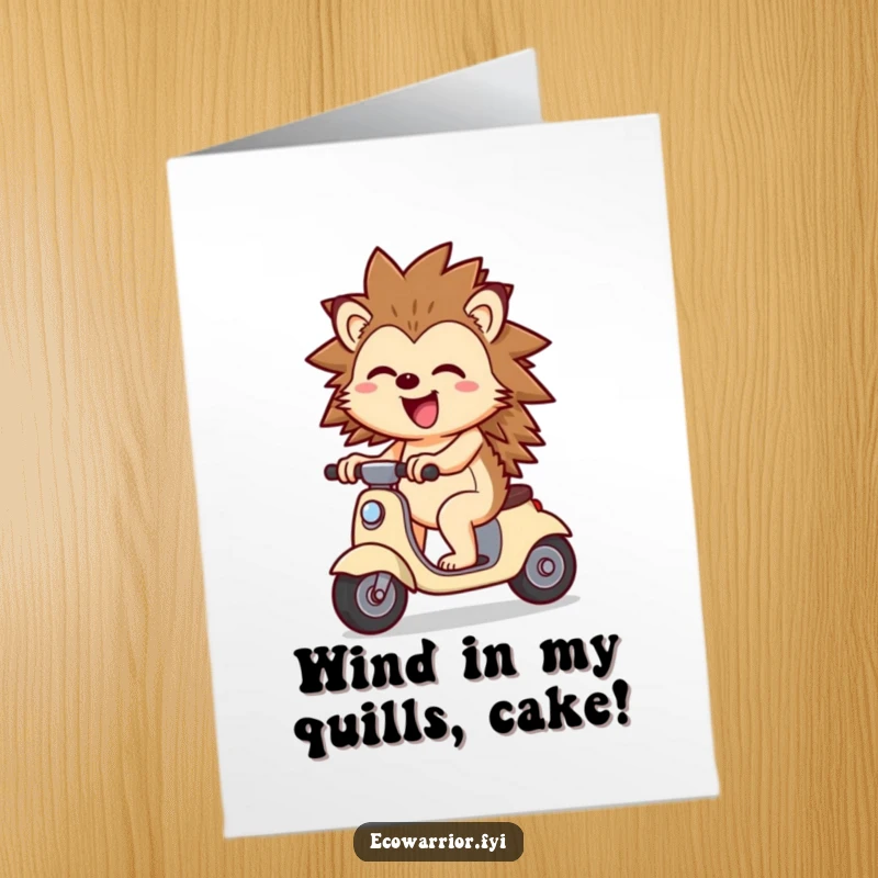 Funny Free Printable Hedgehog Birthday Card: cheerful hedgehog joyfully rides a scooter powered by wind.